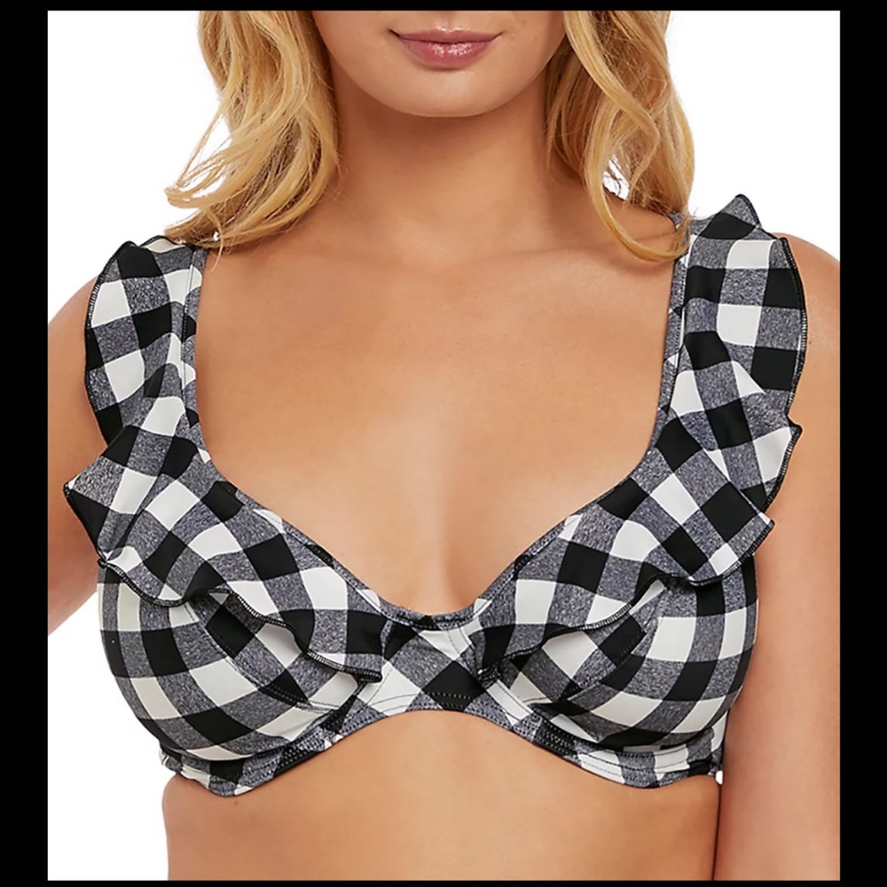 NWT Freya Totally Check Underwire Plunge Ruffle Bikini Top, Size 32DD